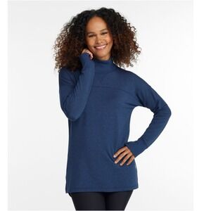 LL Bean Womens SoftFlex Blue Mock Neck Pullover Long Sleeve Thumb Hole Tunic Top